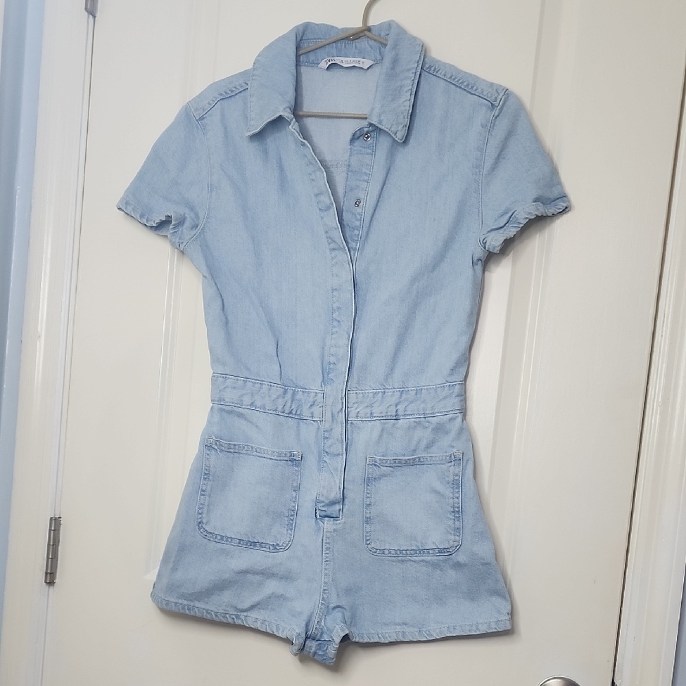 Zara Light Blue Denim Short Sleeve Romper